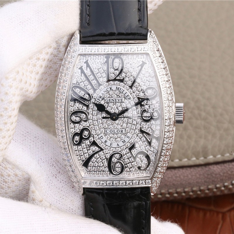 高仿法兰穆表 高仿复刻法兰克穆勒18k铂金镶钻白面腕表 女士机械手表