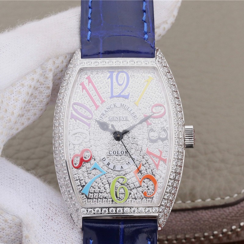 复刻法兰穆表 高仿复刻法兰克穆勒18k铂金镶钻白面蓝带 女士机械手表