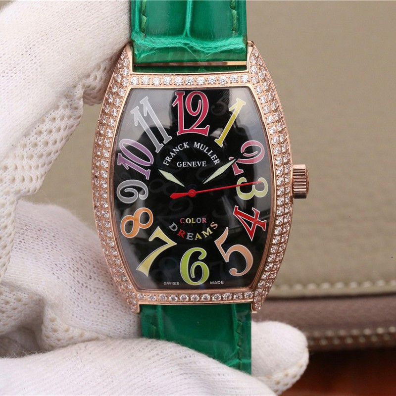 仿法兰穆镶钻表 高仿复刻法兰克穆勒18K包玫瑰金镶钻黑面绿带 女士机械腕表