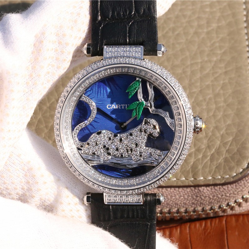 【KG厂】高仿卡地亚手表女 高仿复刻卡地亚创意宝石系列镶钻石英女士腕表 黑色表带