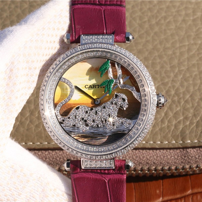 【KG厂出品】高仿的卡地亚 高仿复刻卡地亚创意宝石系列白金镶钻石英女士腕表