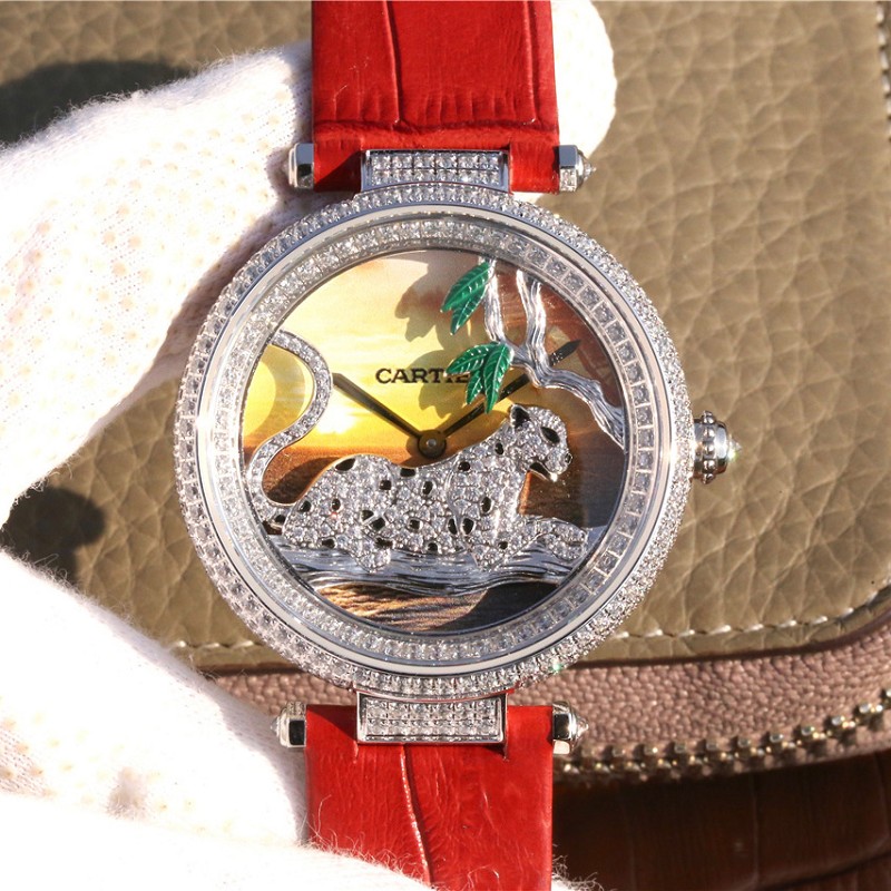 【KG厂产品】卡地亚仿品 精仿复刻卡地亚创意宝石系列白金镶钻石英女士腕表 红色表带