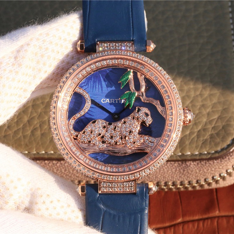 KG高仿卡地亚表图片 高仿卡地亚创意宝石系列玫瑰金镶钻石英女士腕表