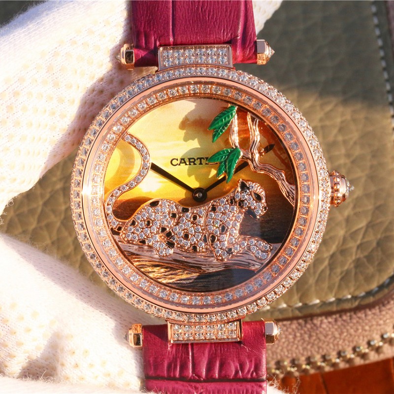 【KG】高仿卡地亚多少钱 精仿复刻卡地亚创意宝石系列玫瑰金镶钻石英女士腕表