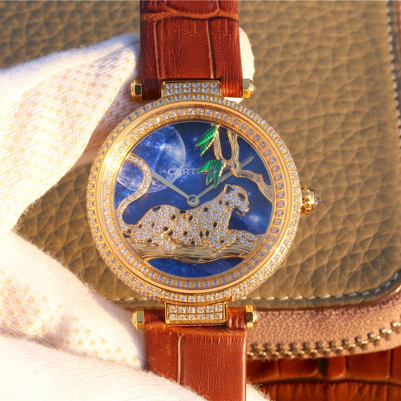【KG】卡地亚仿品 高仿复刻卡地亚创意宝石系列18K包金棕色皮带 女士石英腕表