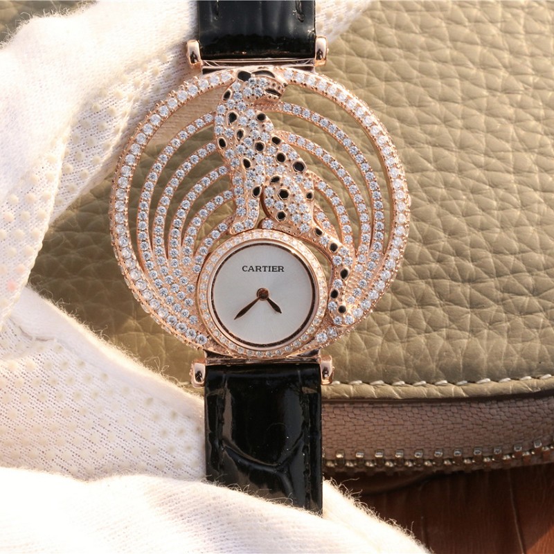 【AV厂】卡地亚玫瑰金仿表 高仿卡地亚925纯银+玫瑰金打造猎豹装饰腕表