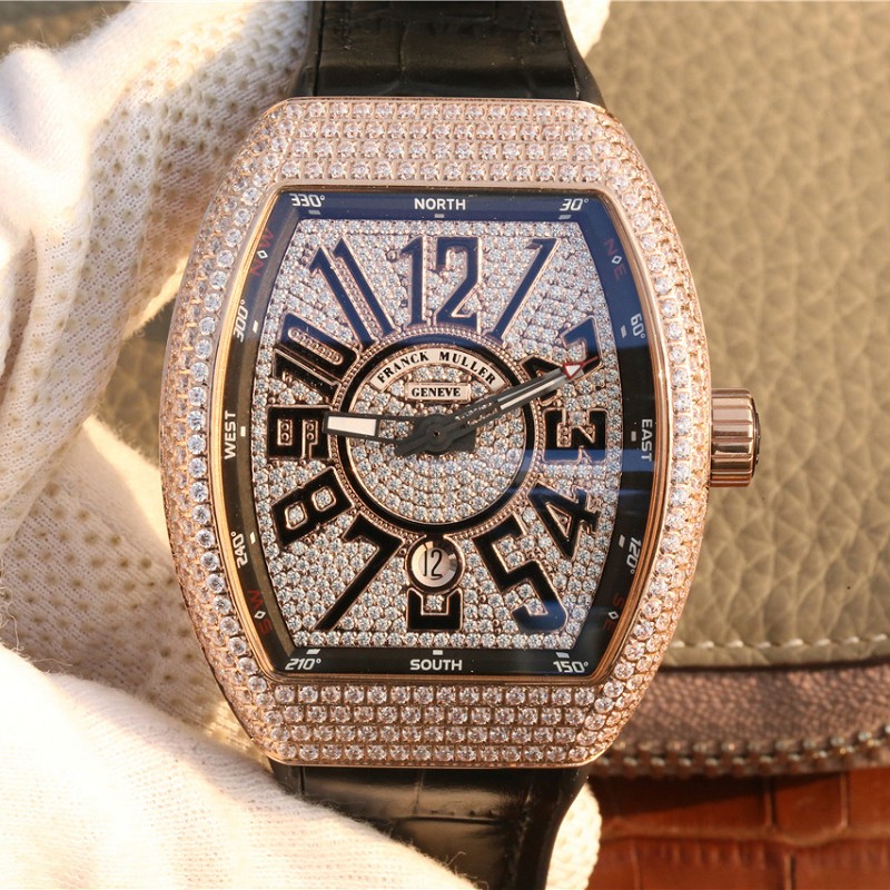 精仿法兰穆玫瑰金表 高仿法穆兰vanguard系列18K包玫瑰金镶钻 男士手表