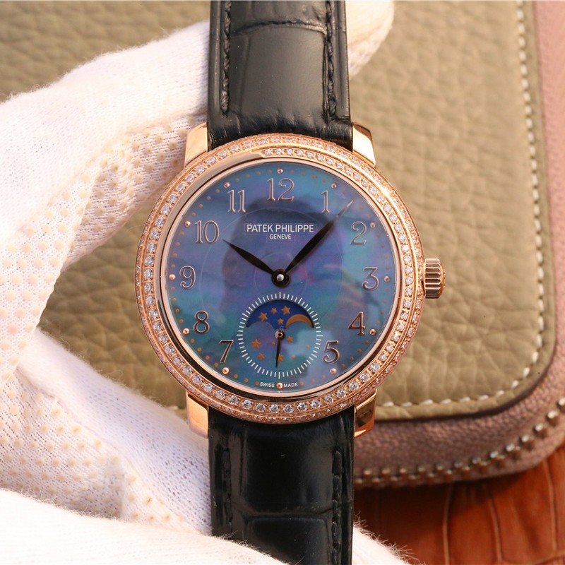 百达翡丽镶钻表仿品 百达翡丽复杂功能时计系列玫瑰金镶钻女表4968R机械腕表