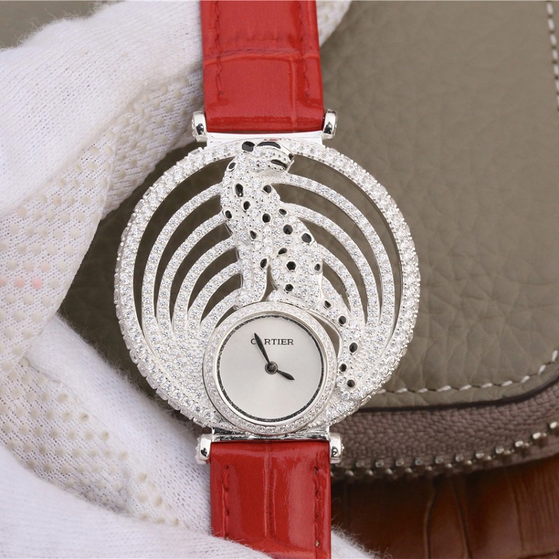 AV厂仿卡地亚石英表 高仿复刻卡地亚925纯银+铂金打造猎豹装饰腕表