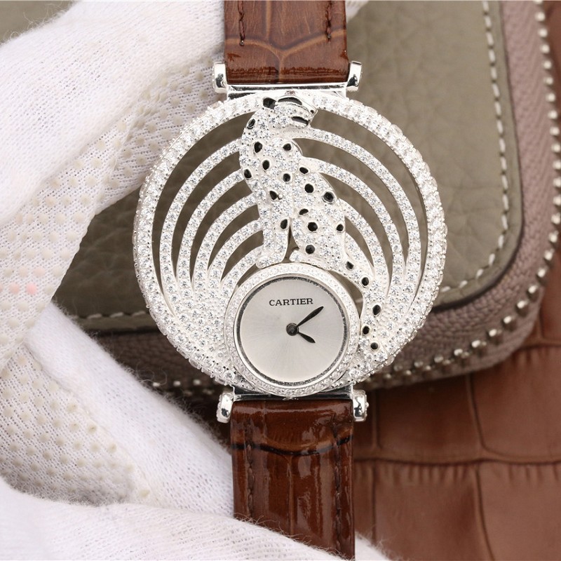 AV厂石英表仿卡地亚 精仿复刻卡地亚925纯银+铂金打造猎豹装饰腕表