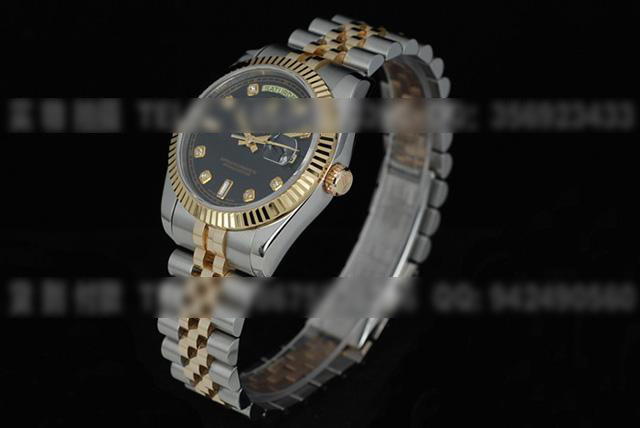 R240劳力士促销台湾版18K金镶钻黑面双日历男士手表