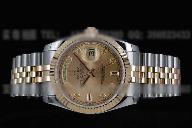 R241劳力士促销台湾版18K金镶钻金面双日历男士手表