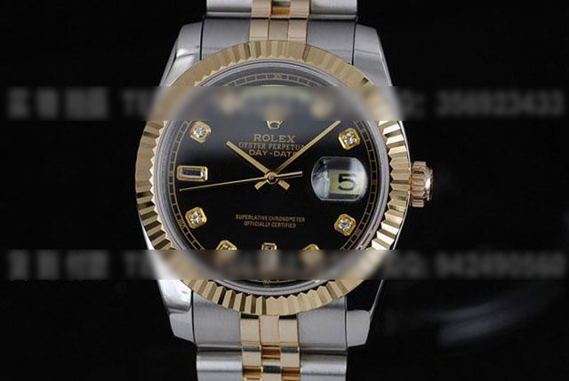 R240劳力士促销台湾版18K金镶钻黑面双日历男士手表