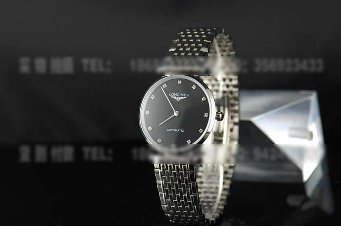 LQ140浪琴嘉岚系列黑面镶钻瑞士超薄机械两针背透男装腕表